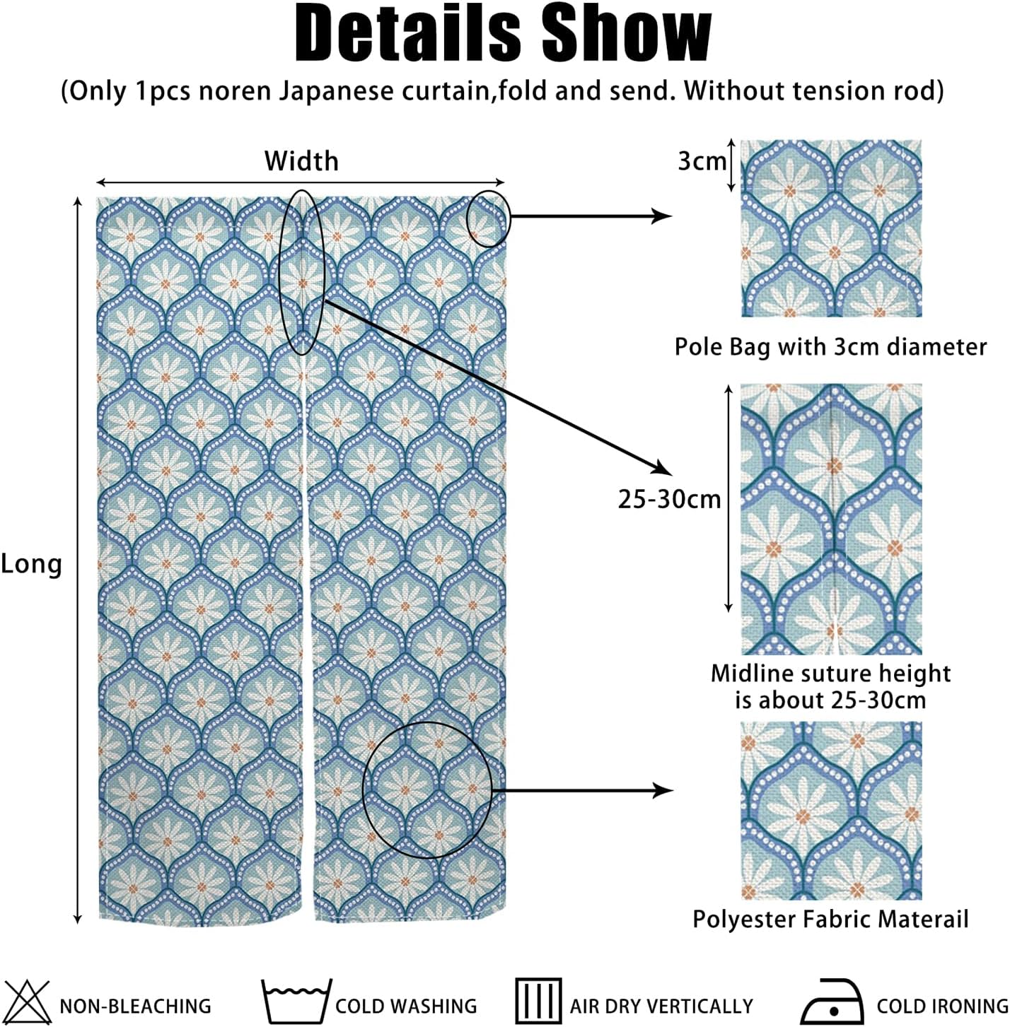 Traditional Japanese Noren Door Curtain 335x59 inch Blue Chrysanthemum