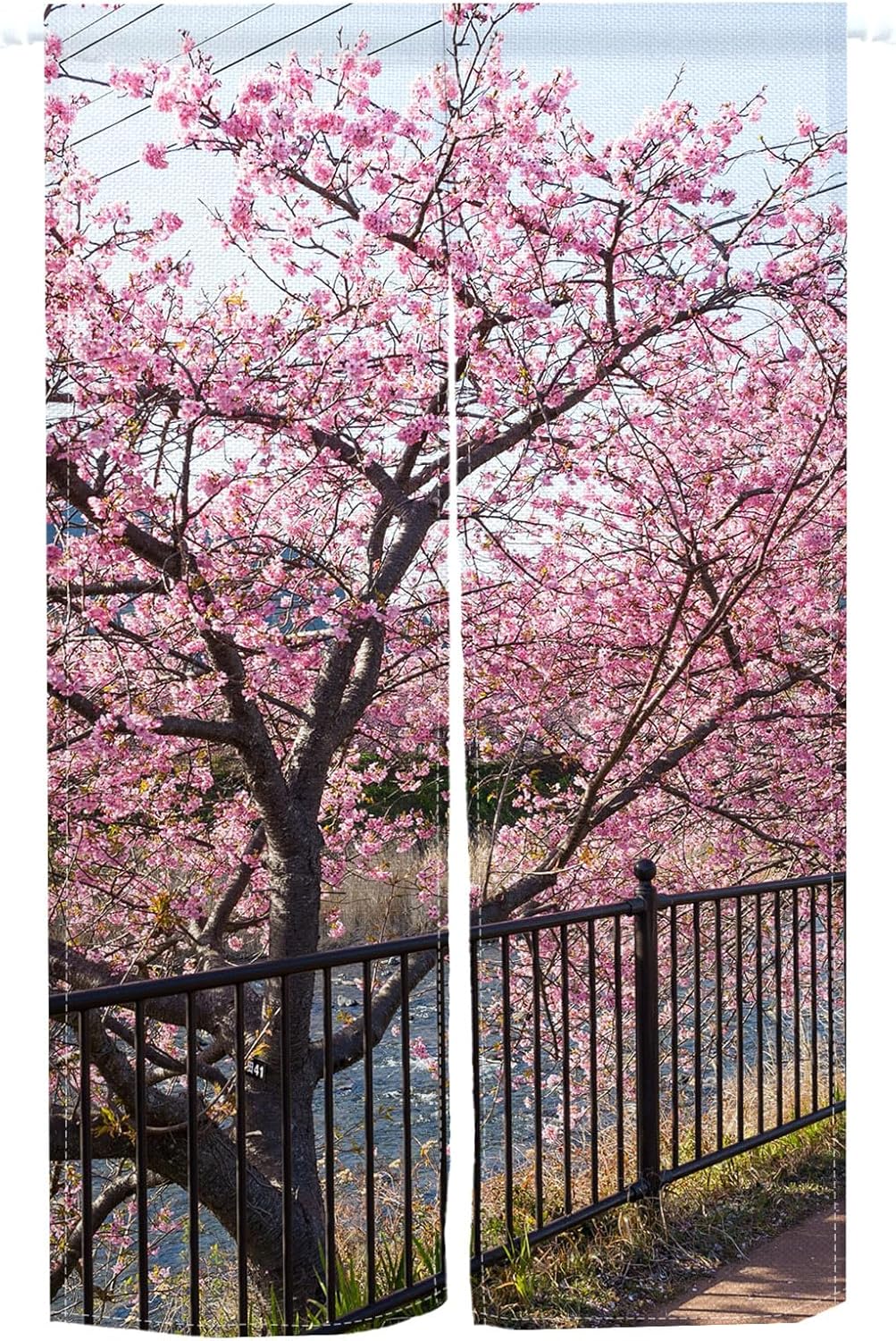 Leowefowa Japanese Noren Spring Pink Cherry Blossom Curtain Panel