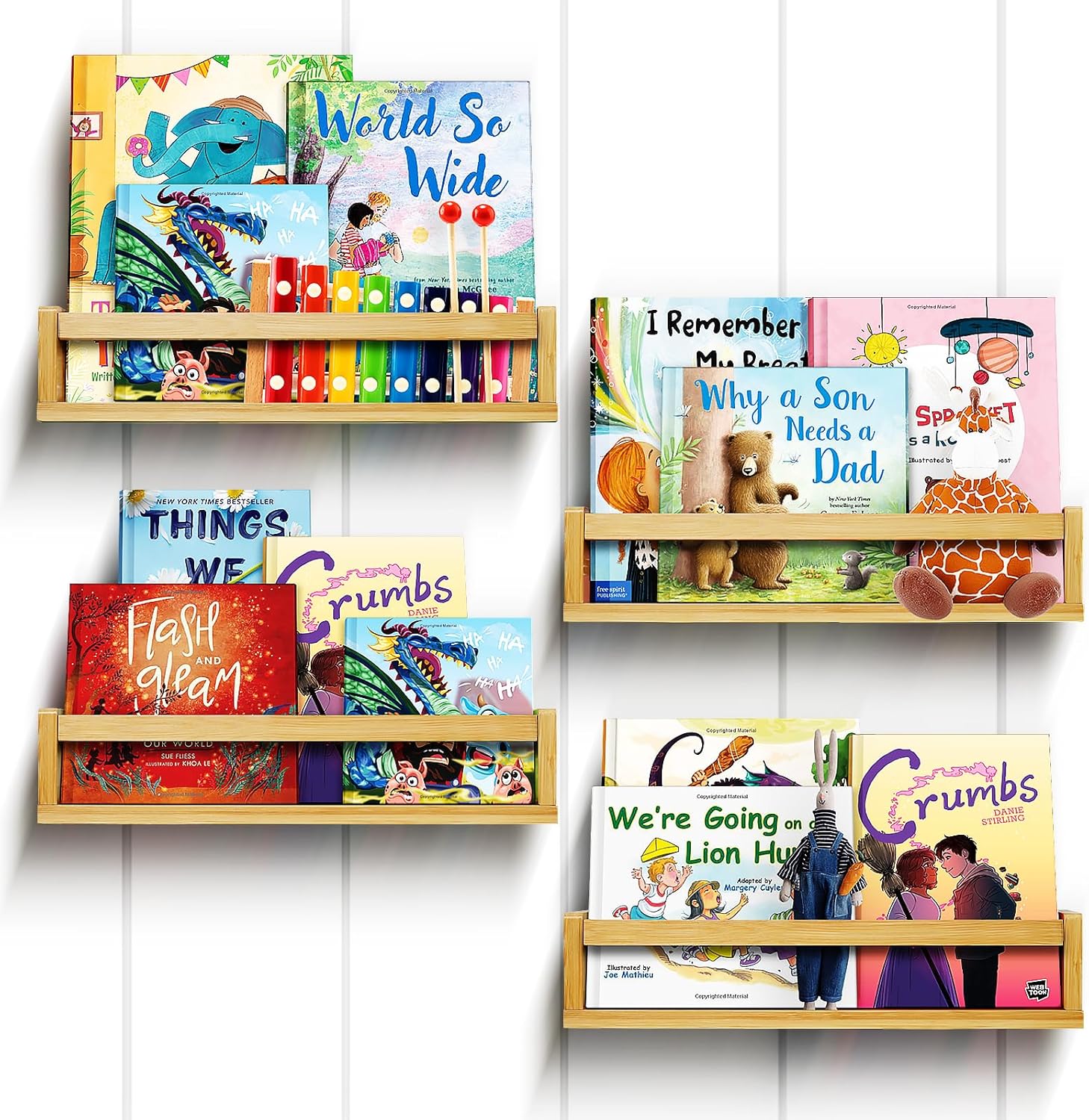 Ollieroo Four Floating Bamboo Book Shelves Wall Mounted