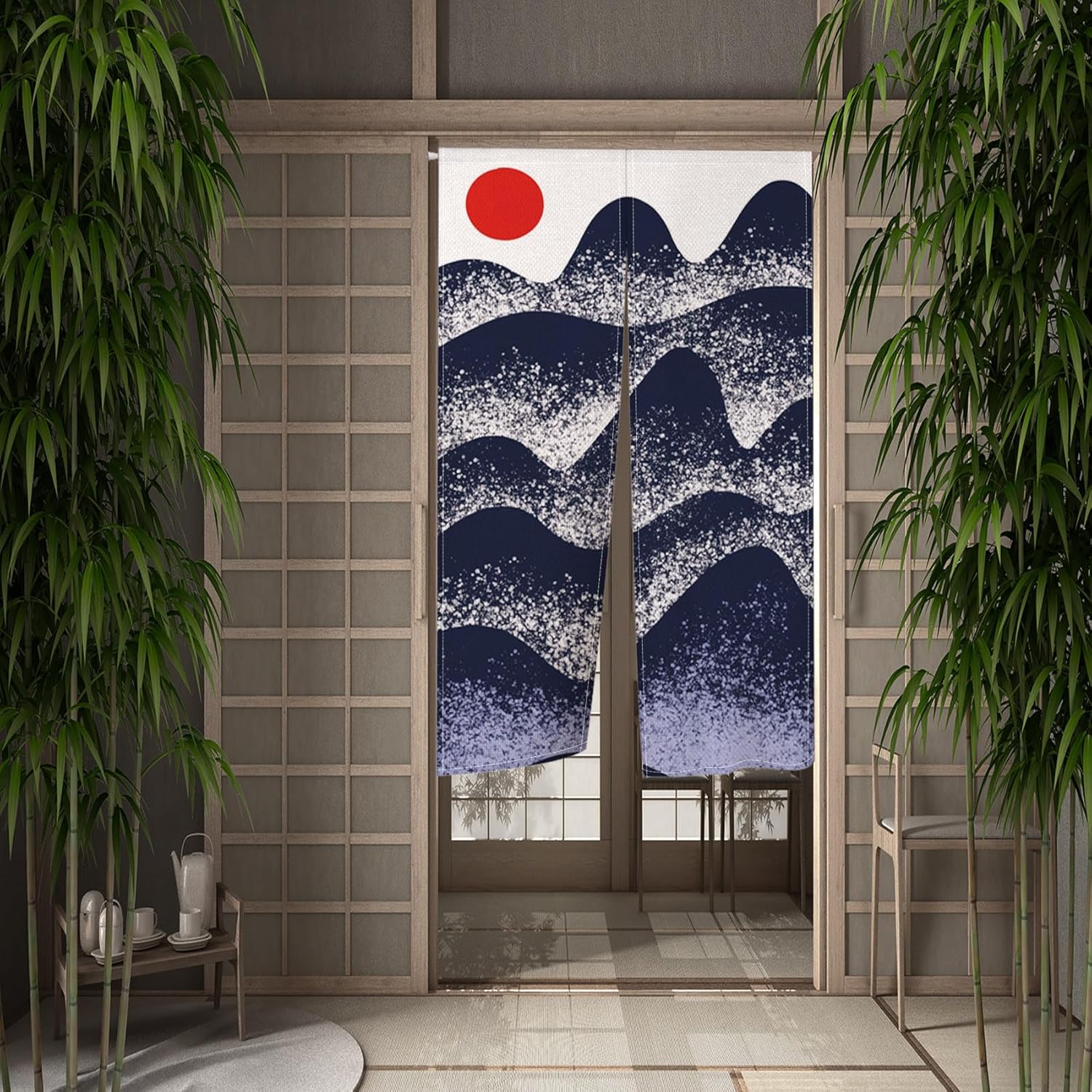 Japanese Noren Door Curtain with Sunset Mountain Landscape Design