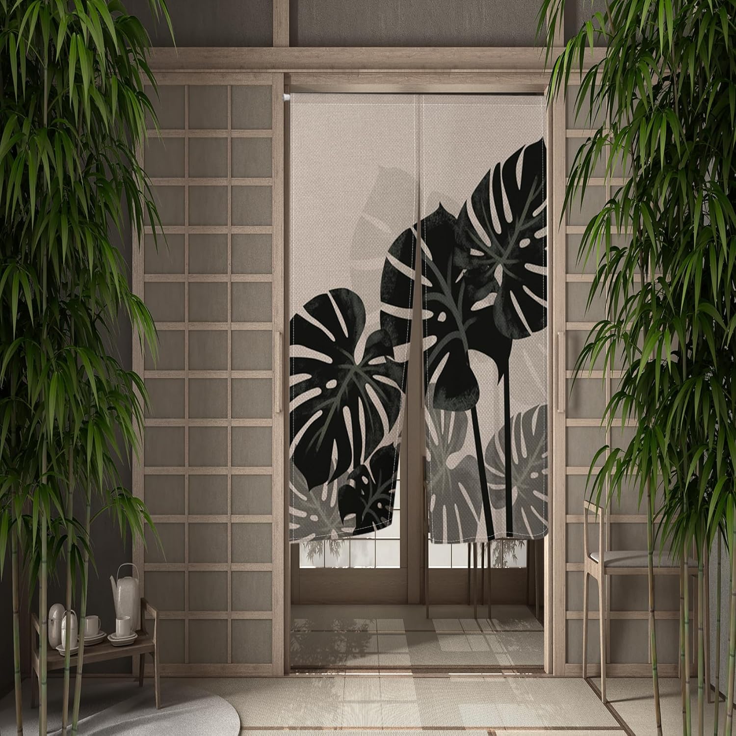 Leowefowa Japanese Noren Door Curtain with Tropical Leaves Pattern