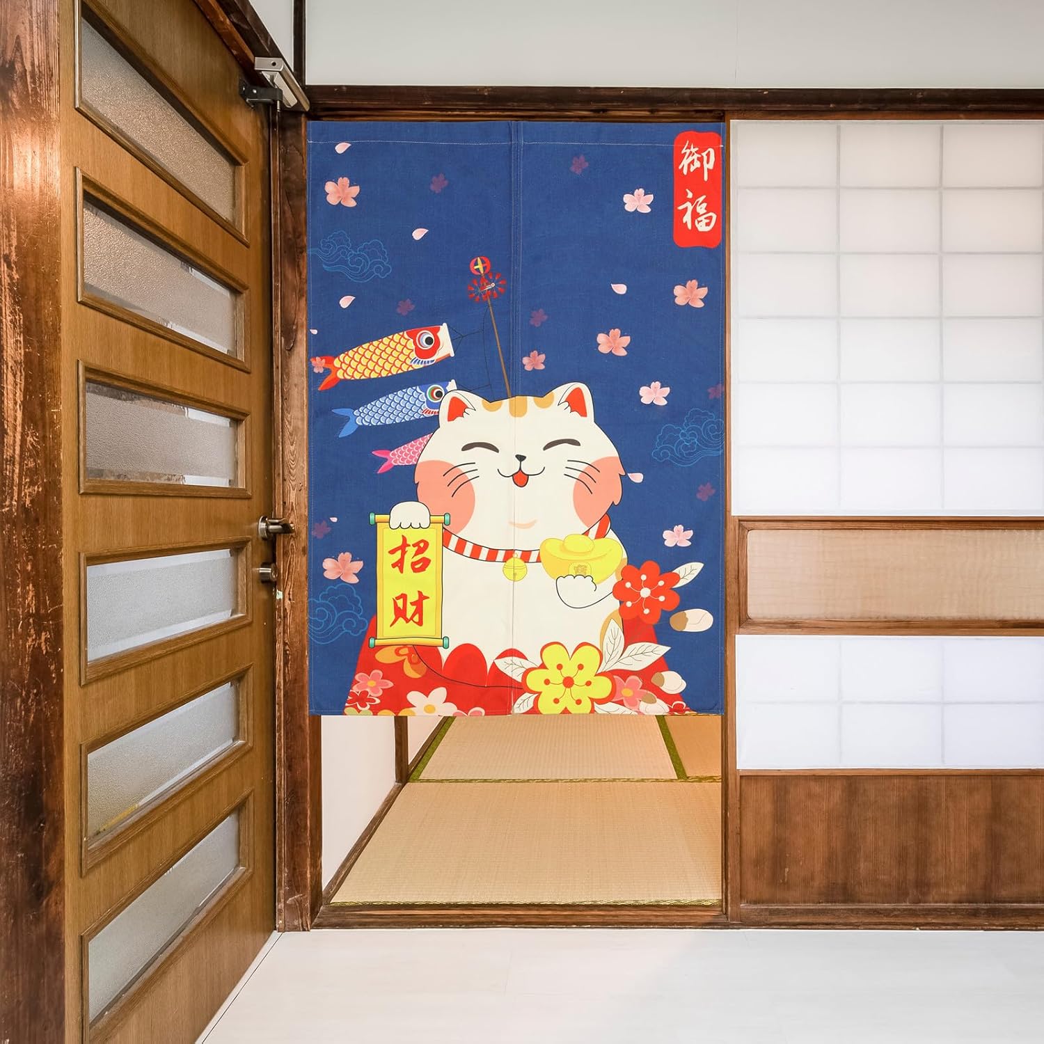 Japanese Noren Door Curtain with Maneki Neko Lucky Cat Design 1