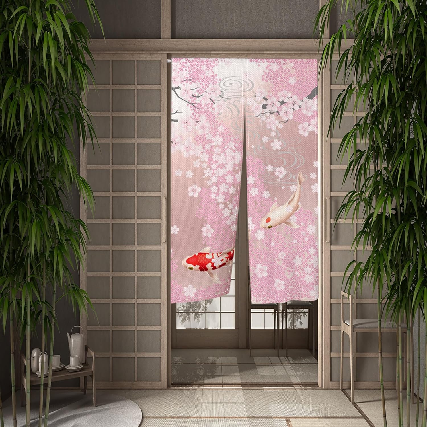 Leowefowa Pink Cherry Blossom Noren Curtain Panel