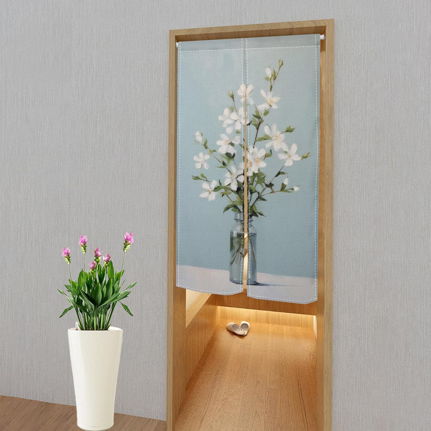 Noren Japanese Ink Painting Flowers in Vase Doorway Curtain