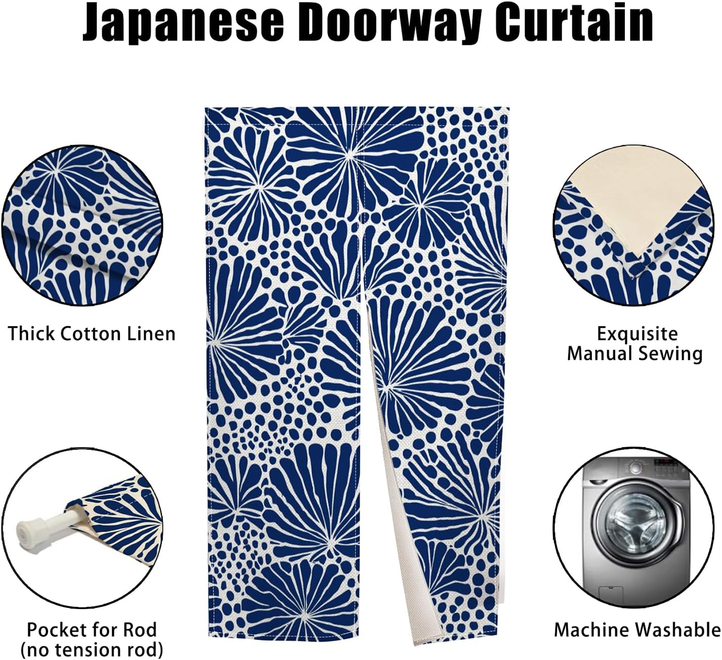 Japanese Noren Door Curtain Blue Floral Pattern