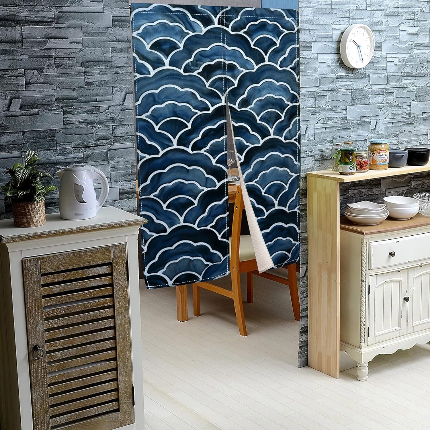 Dark Blue Noren Door Curtain with Wave Print