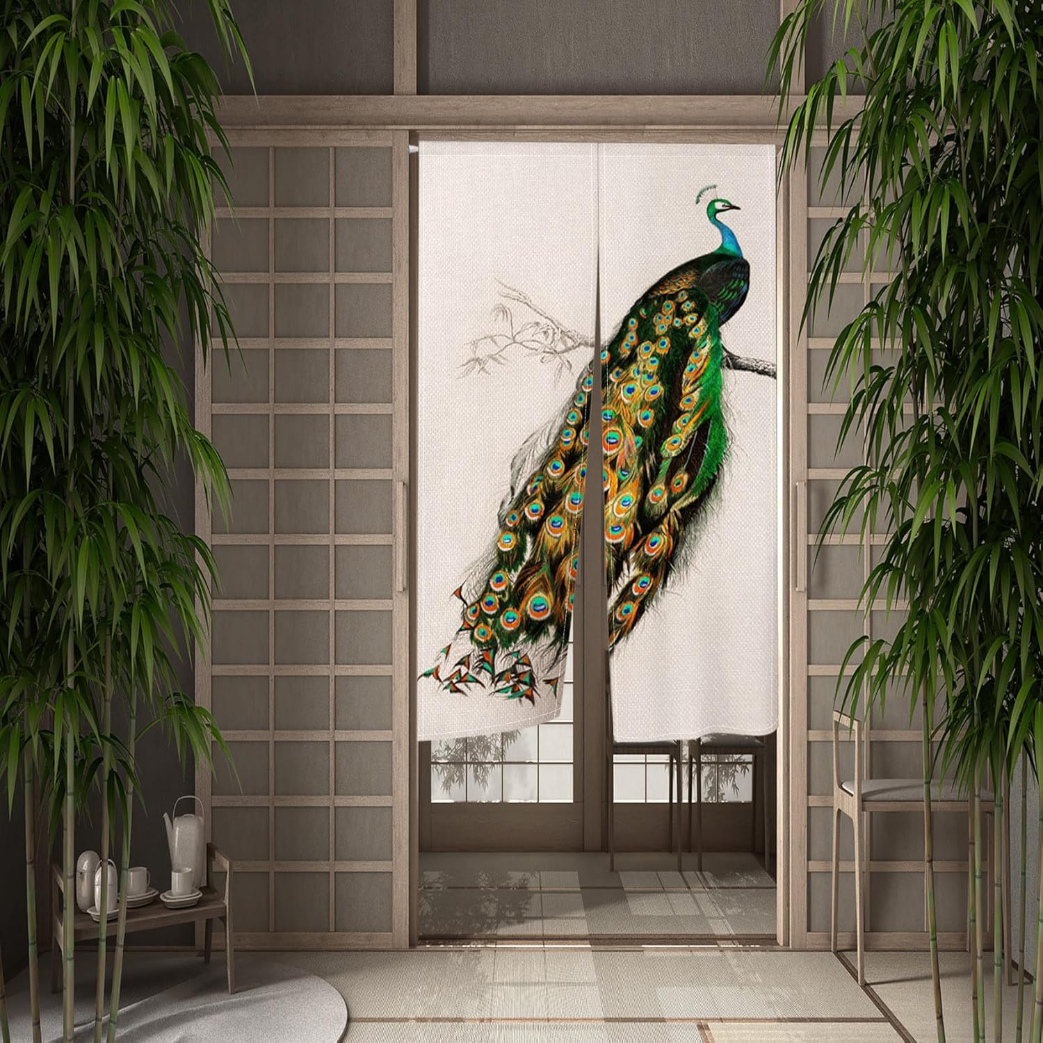 Japanese Noren Door Curtain 34x48 Inch Peacock Design