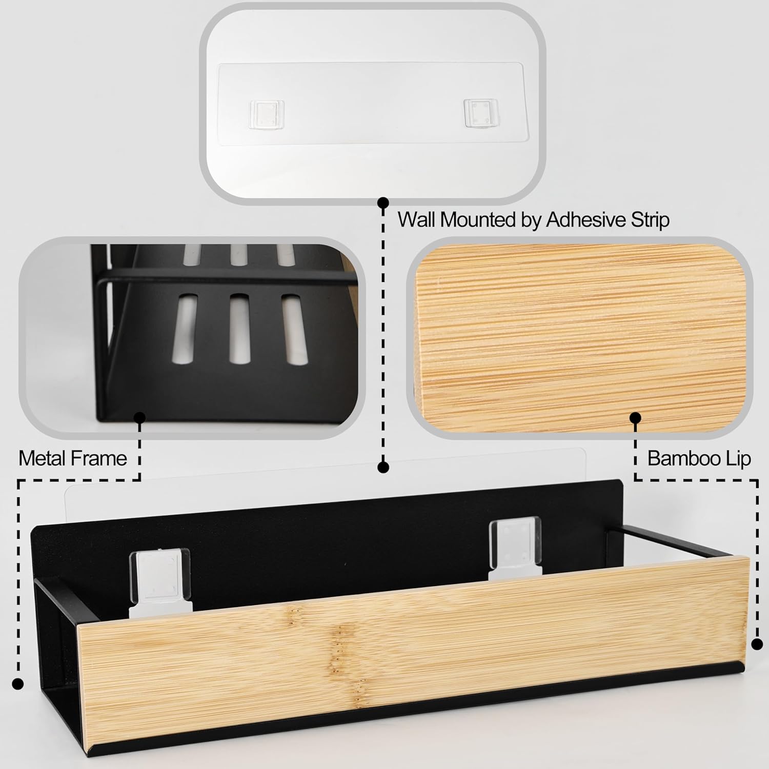OKOMATCH Bathroom Floating Shelf with Bamboo Front Lip Black