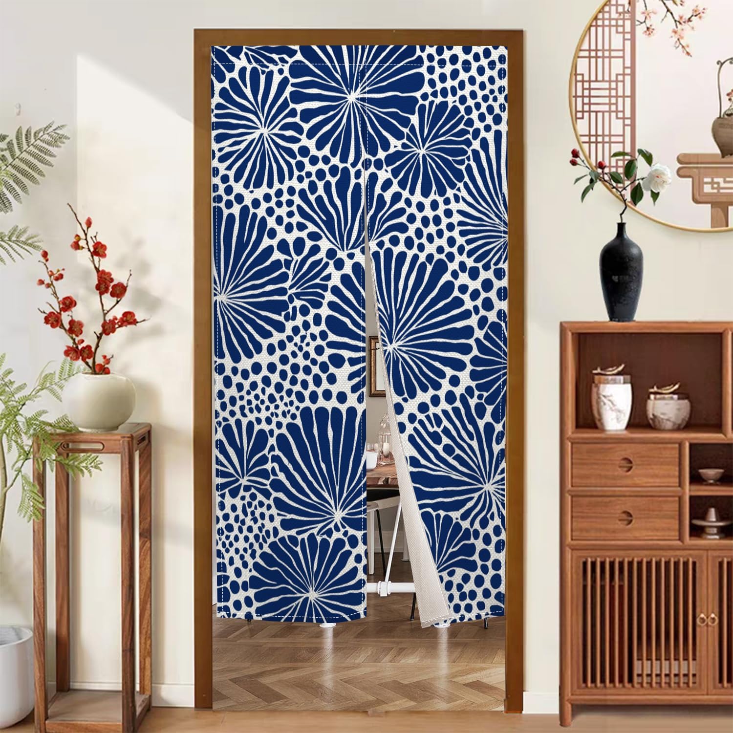 Japanese Noren Door Curtain Blue Floral Pattern