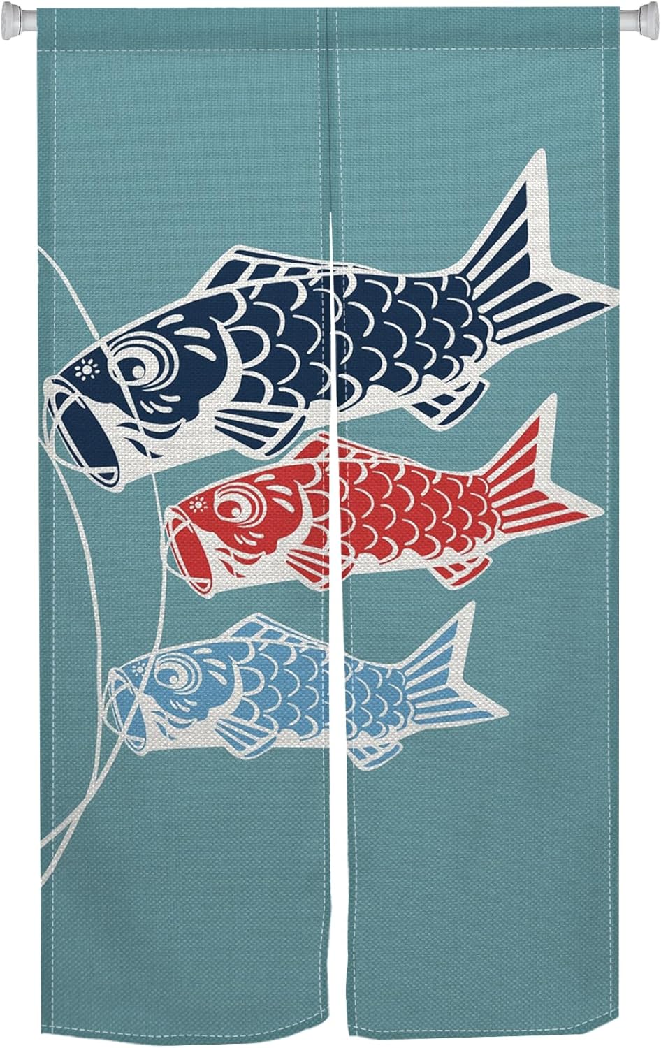 Traditional Long Style Japanese Noren Door Curtain with Blue Fishes Print