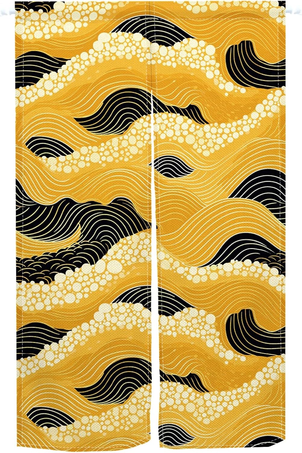 Leowefowa Japanese Noren Curtain with Gold and Black Great Wave Design