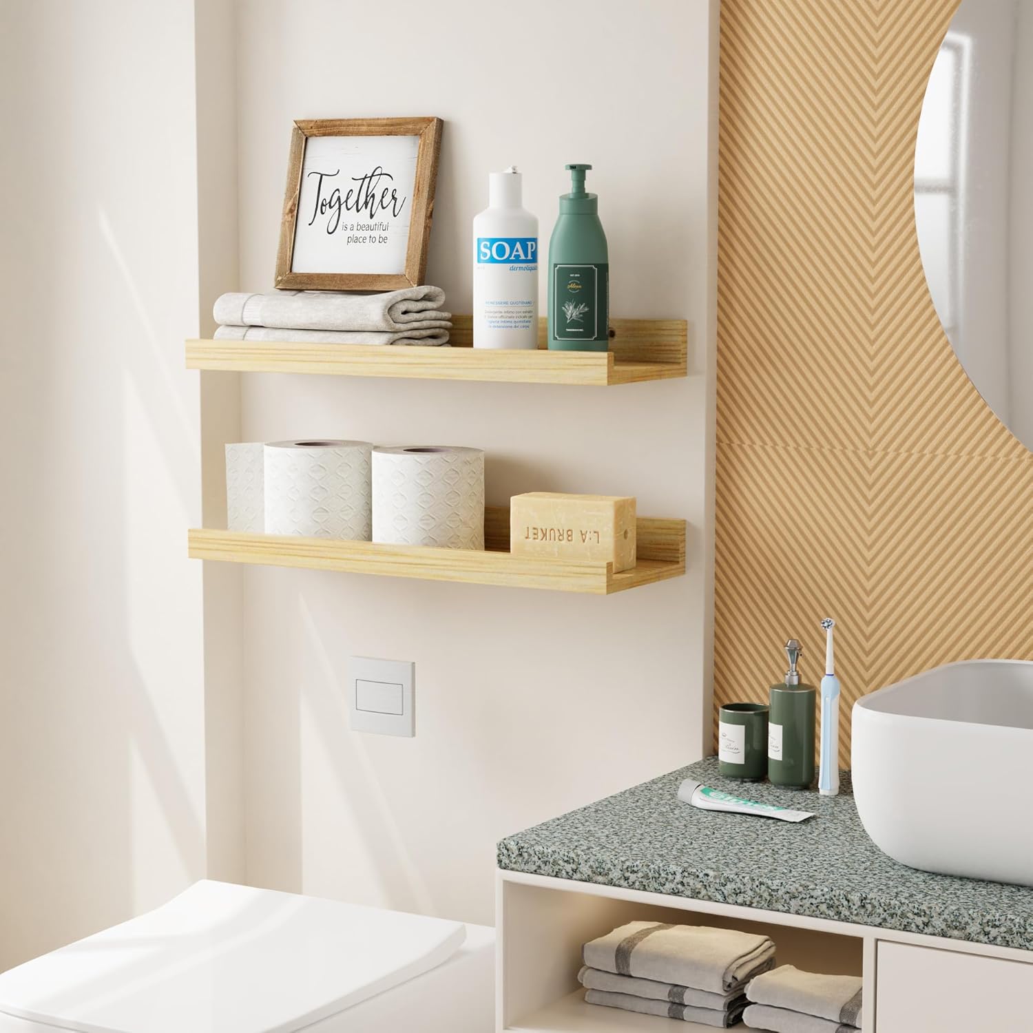 16 Inch Bamboo Floating Shelves Set of 2 with Lip