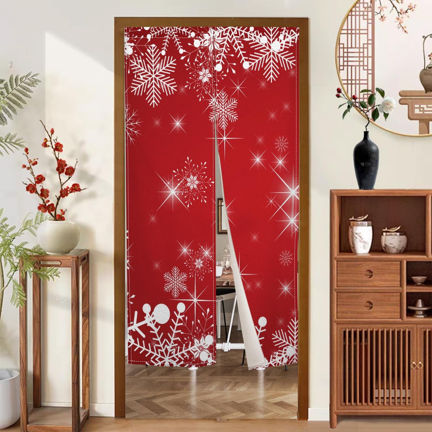 Christmas Red Noren Door Curtain with Snowflake Design