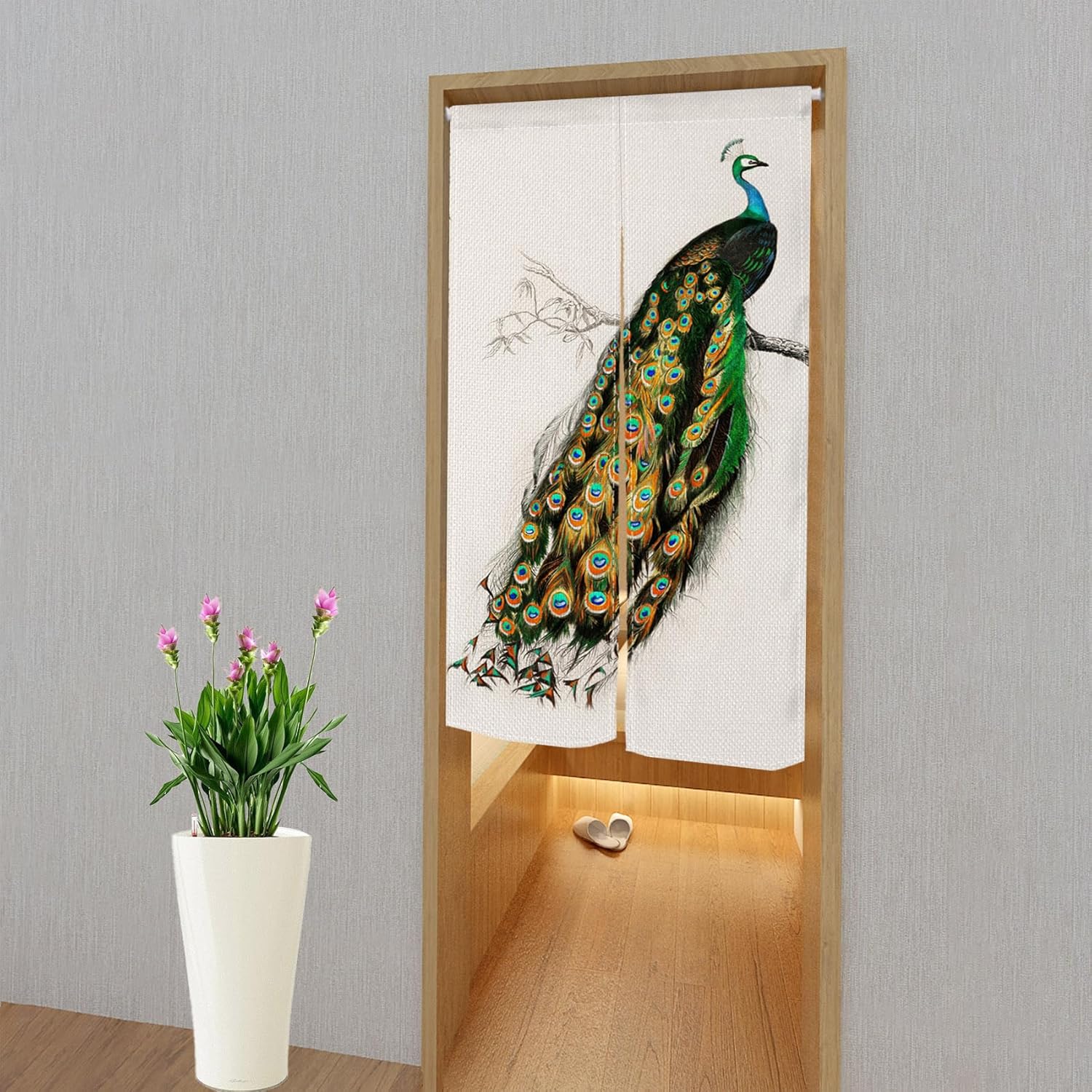 Japanese Noren Door Curtain 34x48 Inch Peacock Design