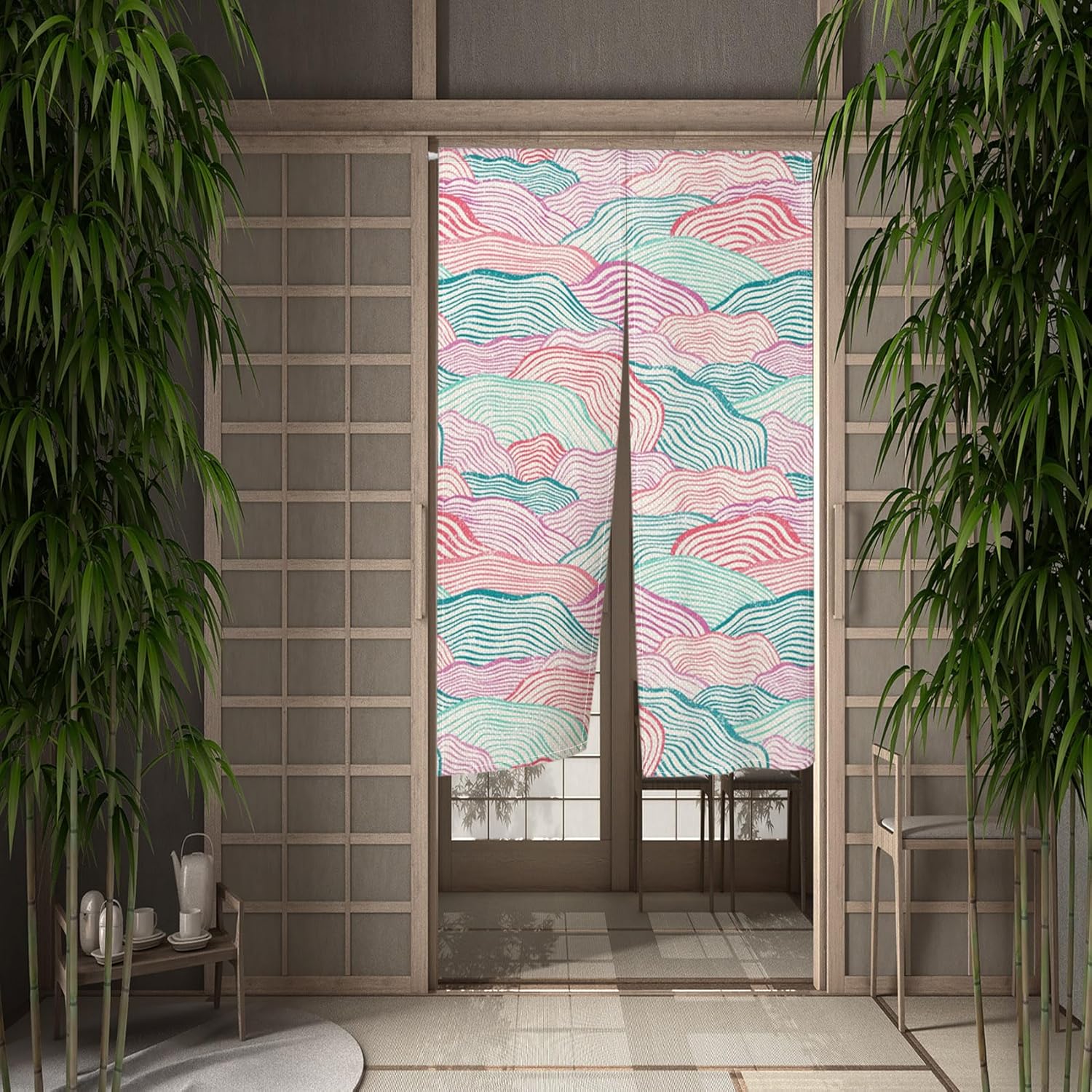 Traditional Japanese Noren Door Curtain with Wave Pattern