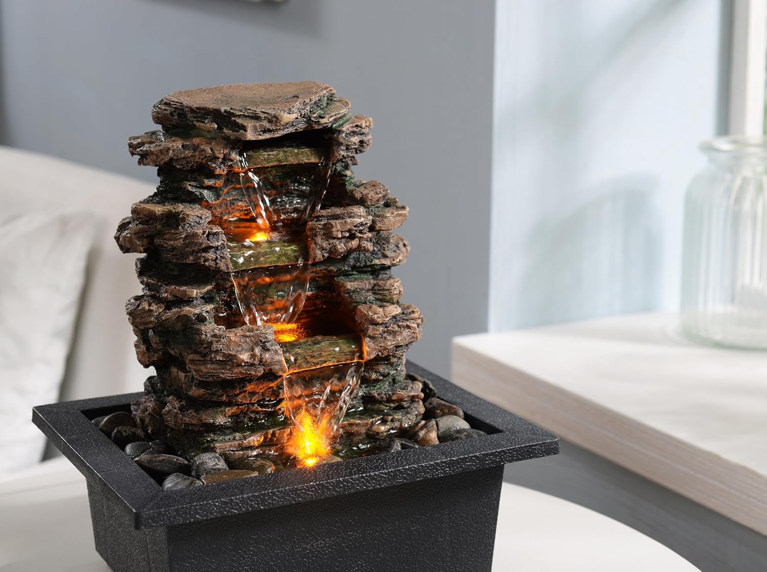 MAOCHI Tabletop Water Fountain with Automatic Pump and Natural River Rocks
