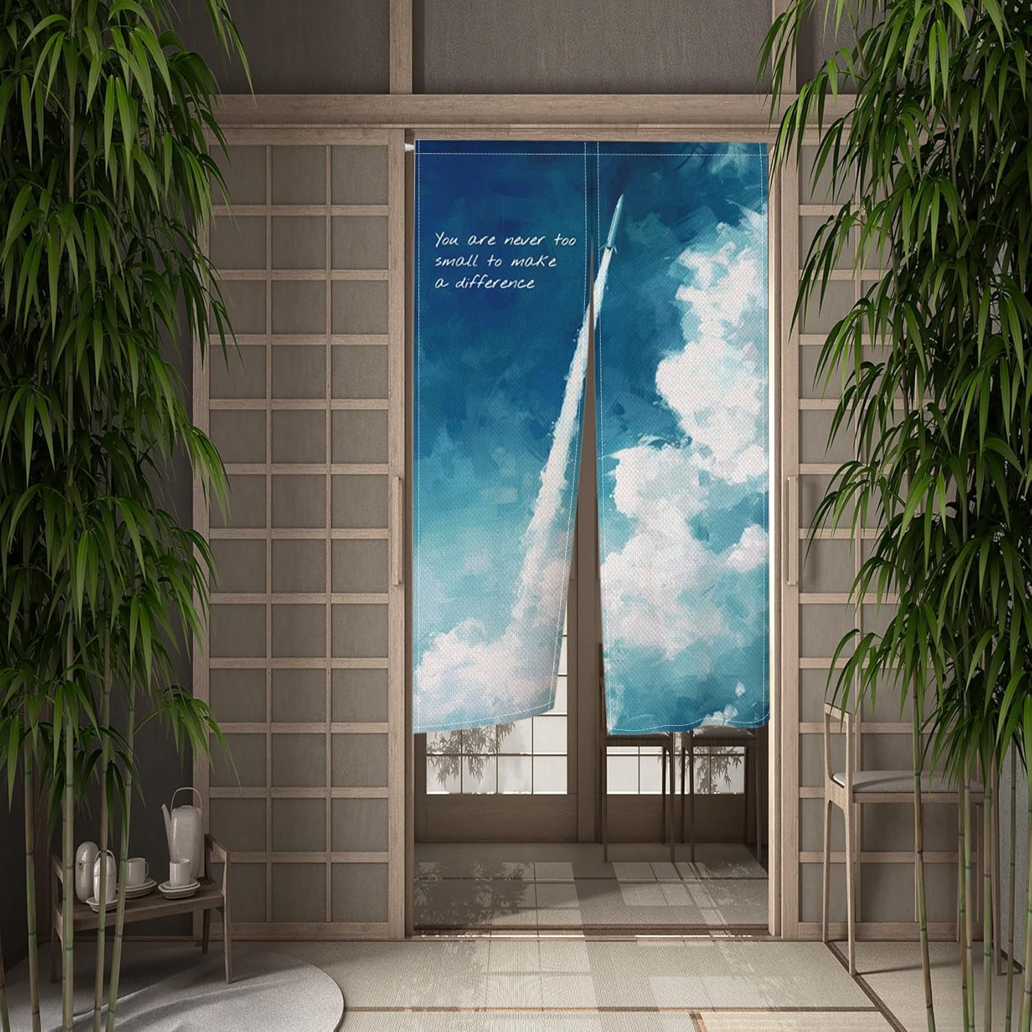 Leowefowa Japanese Noren Door Curtain Blue Sky White Cloud