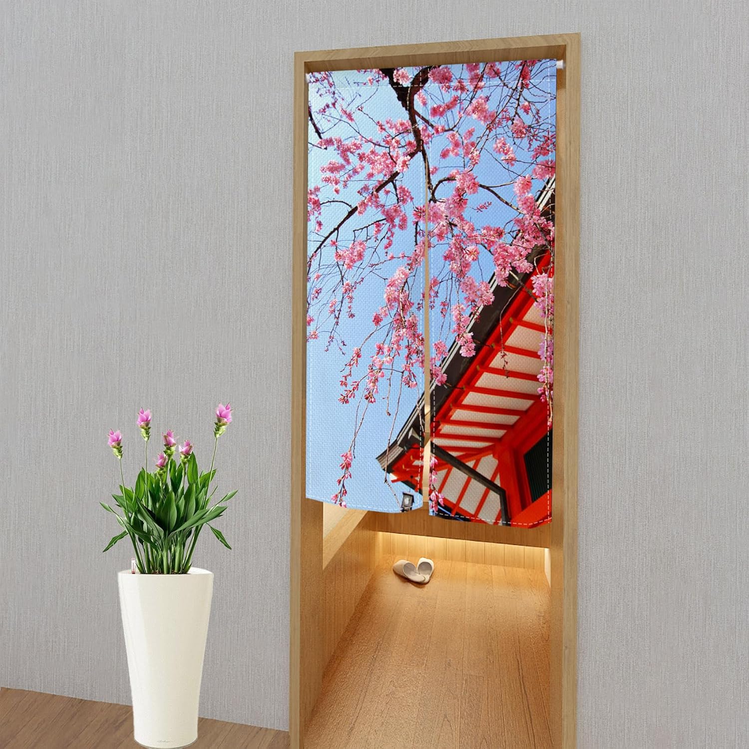 Leowefowa Japanese Noren Doorway Curtain Pink Cherry Blossom Panel 34x60