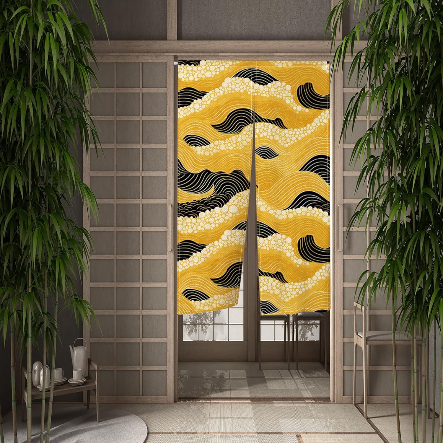 Leowefowa Japanese Noren Curtain with Gold and Black Great Wave Design