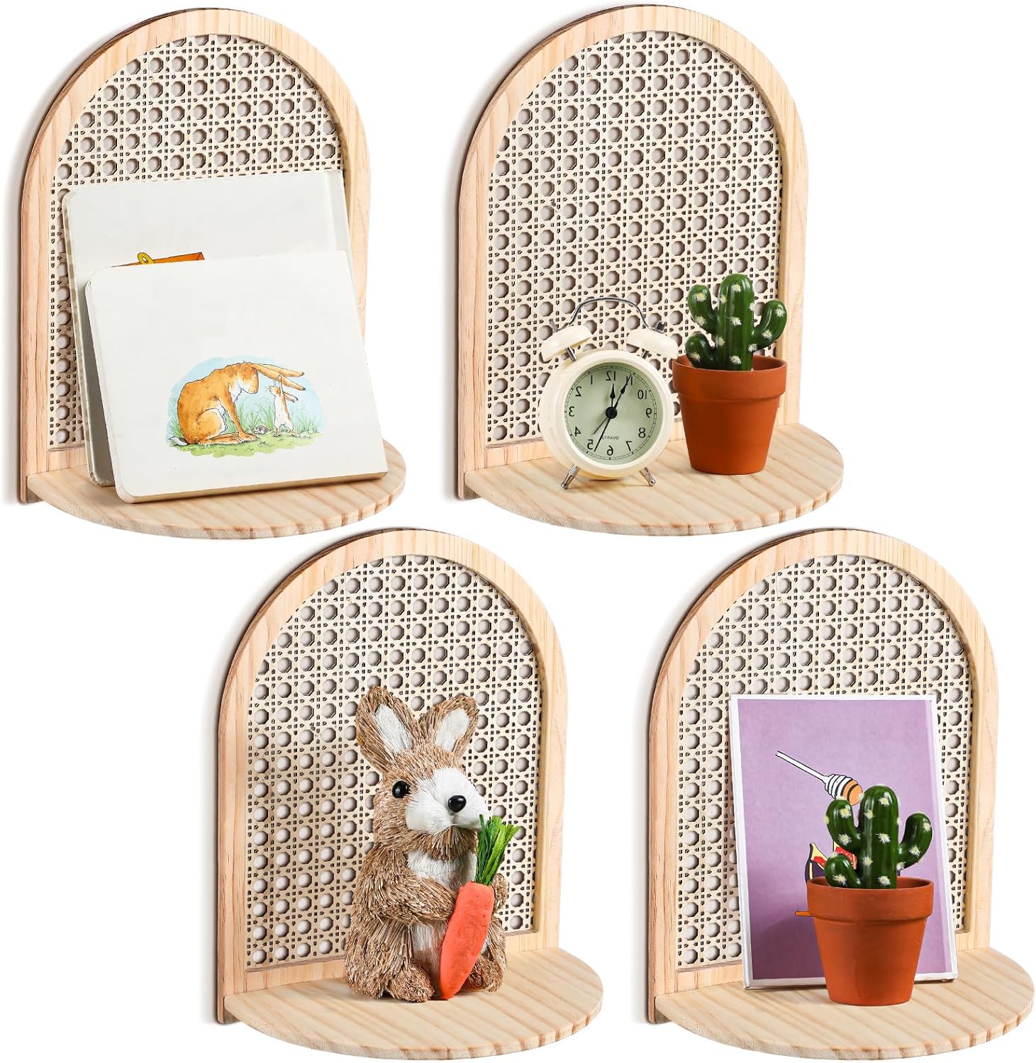 Karenhi 4 Pcs Boho Rattan Wall Shelf Decor