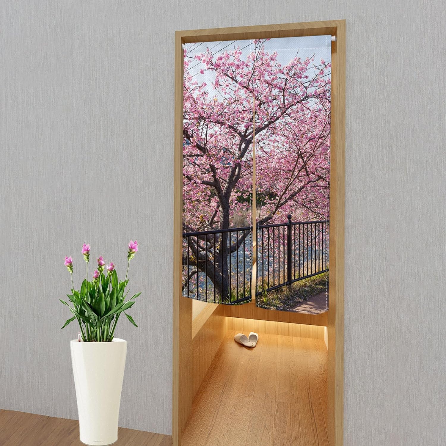 Leowefowa Japanese Noren Spring Pink Cherry Blossom Curtain Panel