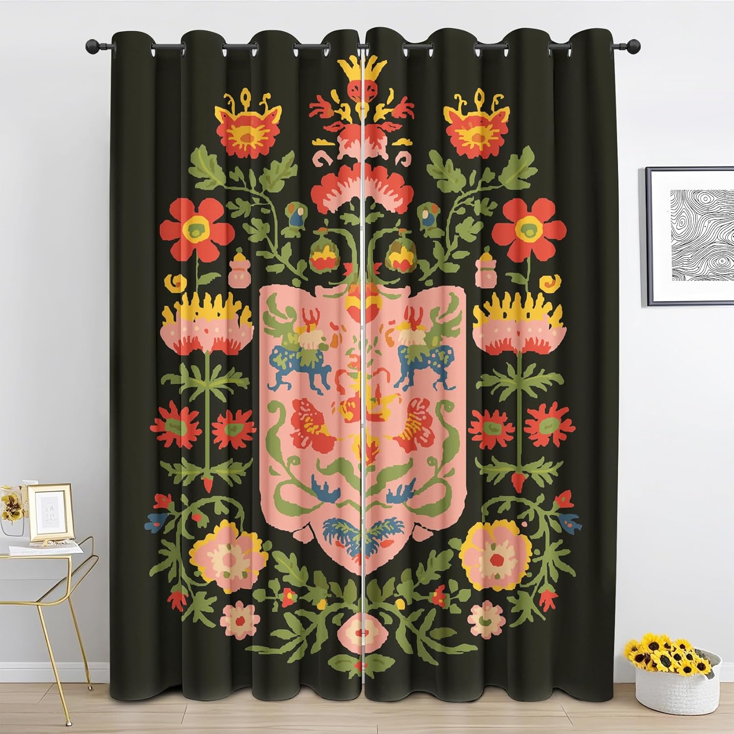 Mexican Floral Blackout Curtains 63 Inch Length Otomi Style 2 Panels Set