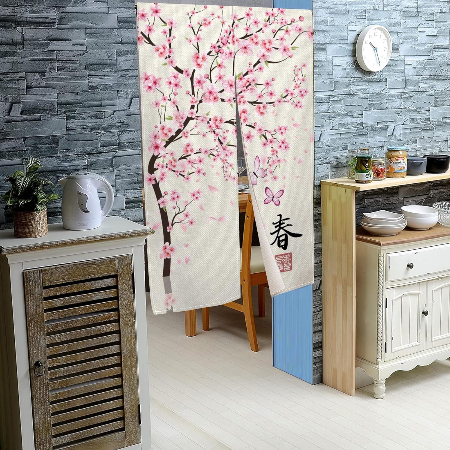 Leowefowa Cherry Blossom Noren Door Curtain