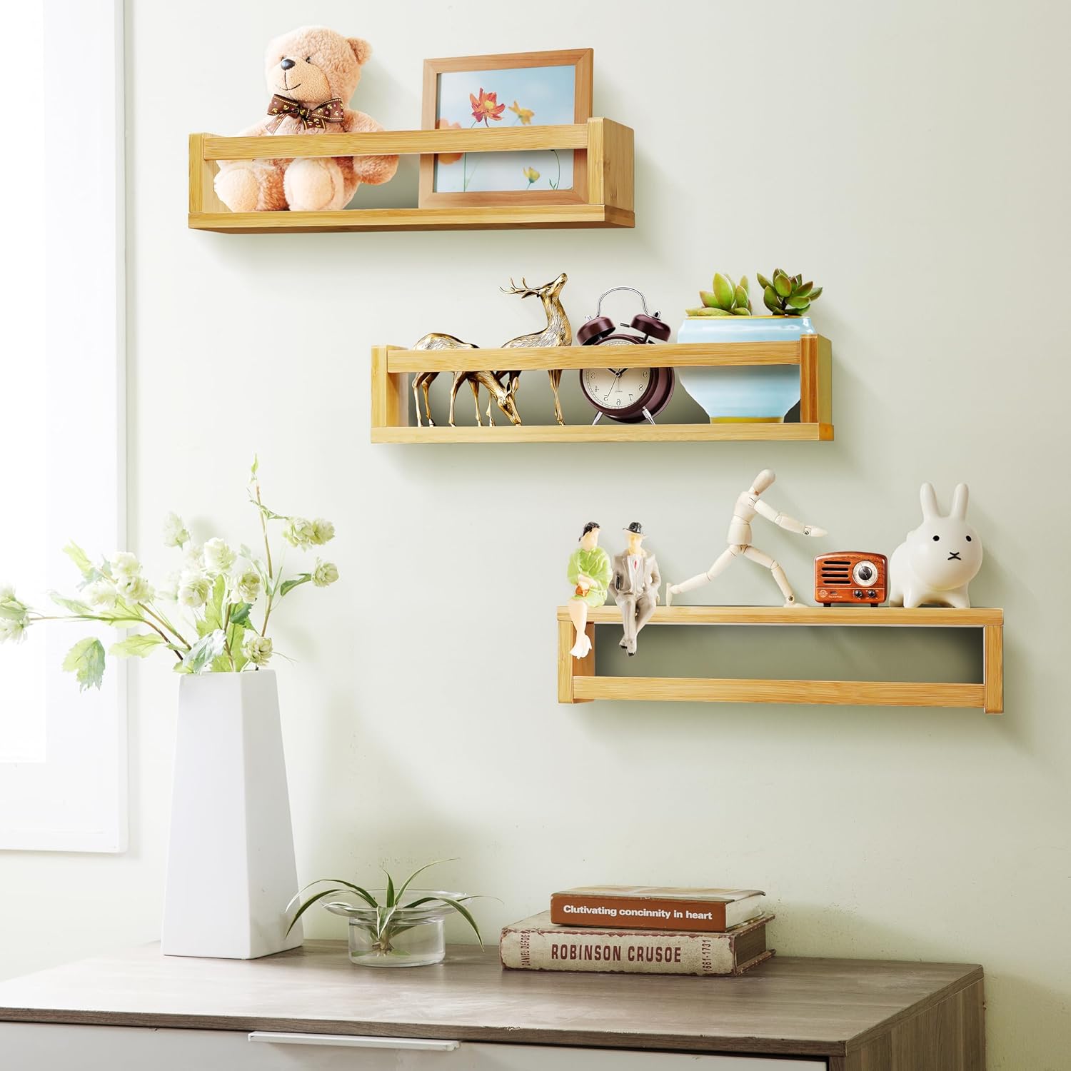 Ollieroo Four Floating Bamboo Book Shelves Wall Mounted