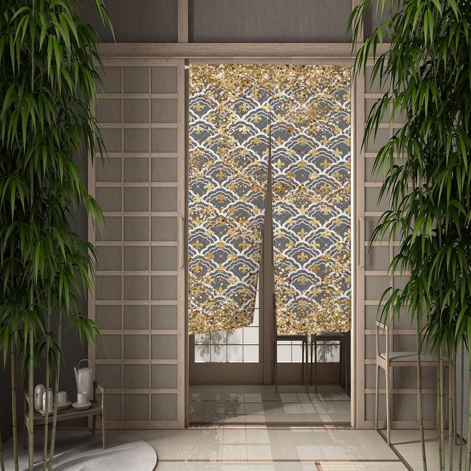 Traditional Japanese Noren Door Curtain with Gold Sequins