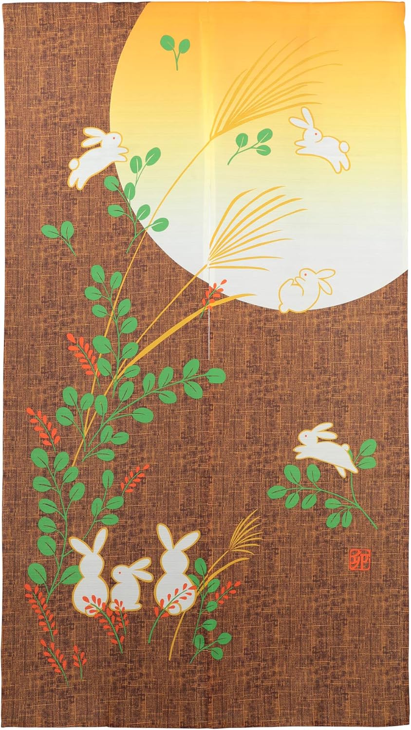 Yellow Noren Door Curtain with Rabbit Design 33x59 Inch