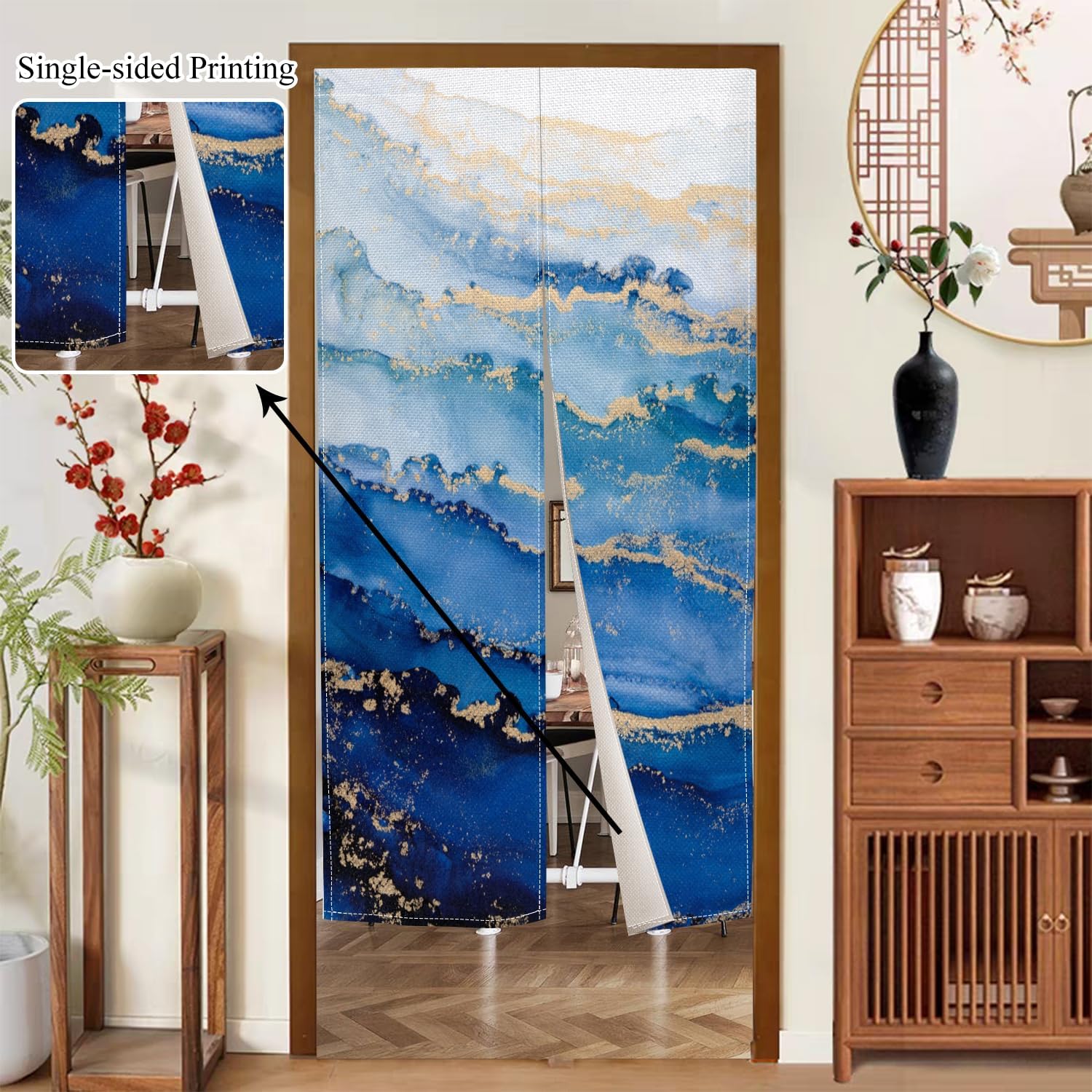 Japanese Doorway Curtain 335 x 59 Wave Gold Trim