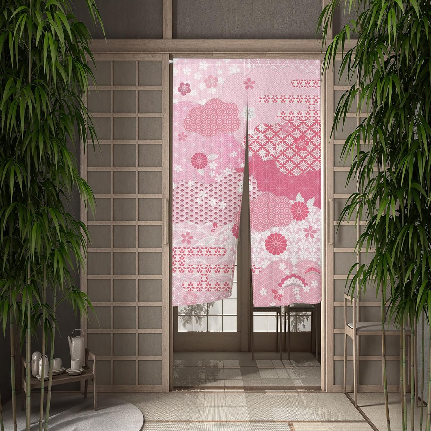 Japanese Pink Flowers Pattern Noren Door Curtain 34x60