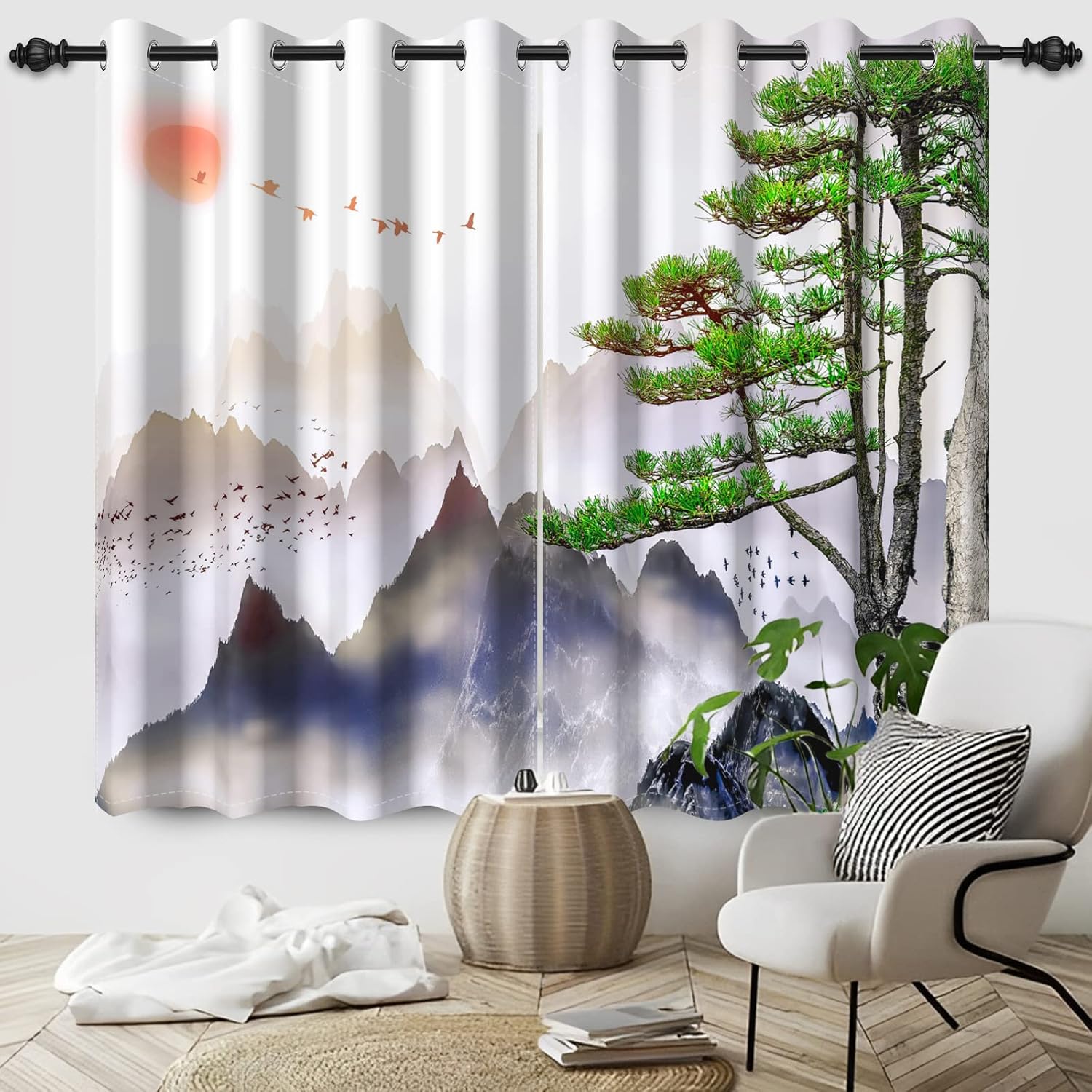 Misty Mountains Curtains Pine Trees Landscape Window Treatment Set 42x84 Inch