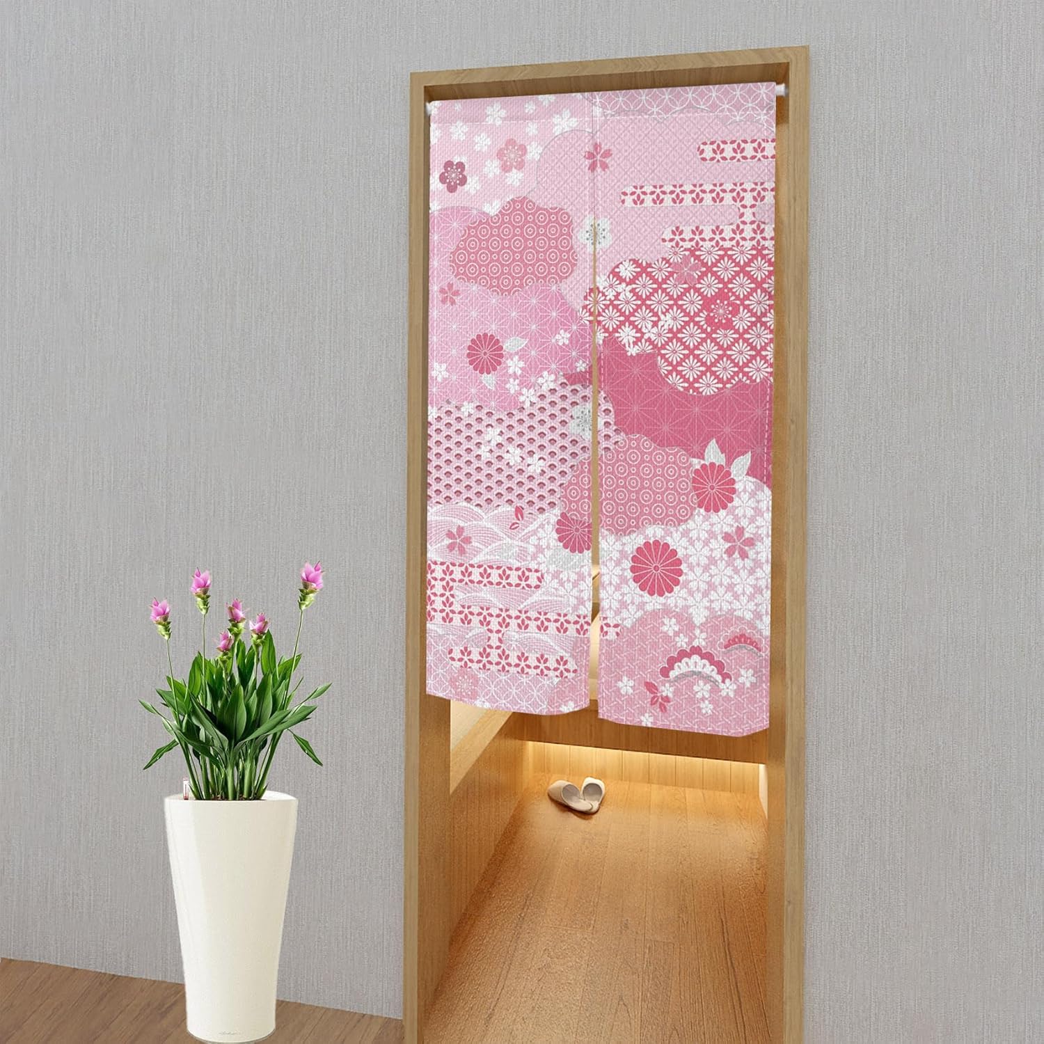 Japanese Pink Flowers Pattern Noren Door Curtain 34x60