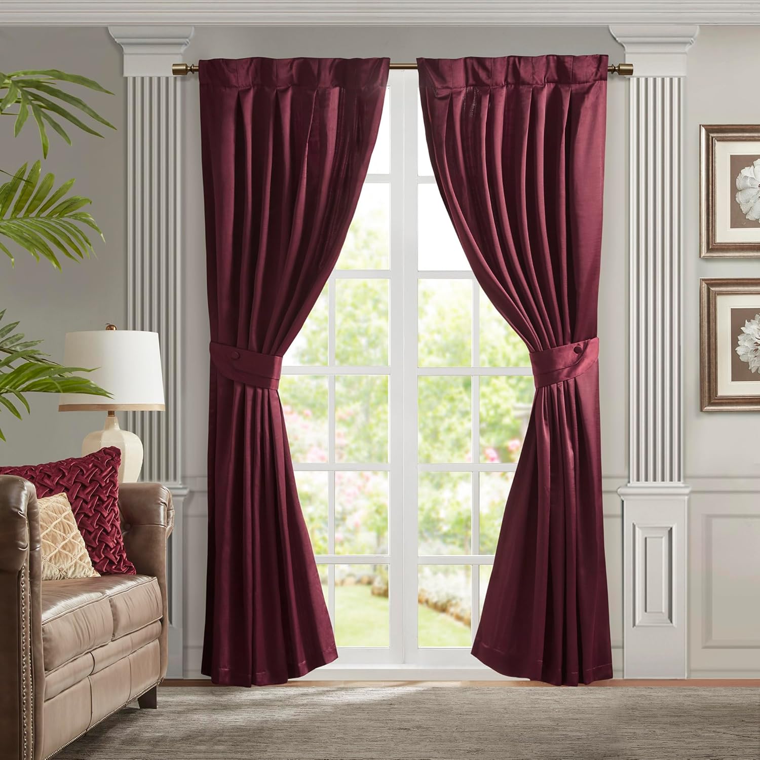 Elegant Burgundy Pleat Curtain Panel with Tieback