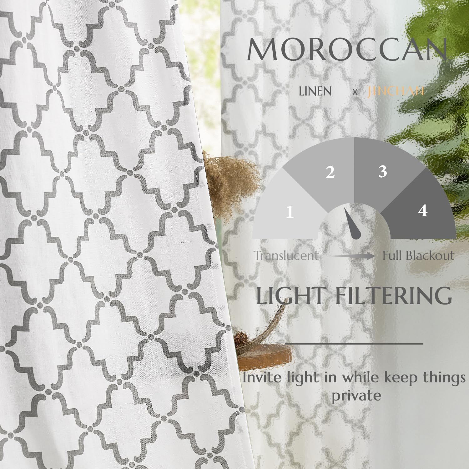 Jinchan Linen Curtains Moroccan Trellis Print Grey 2 Panels Rod Pocket