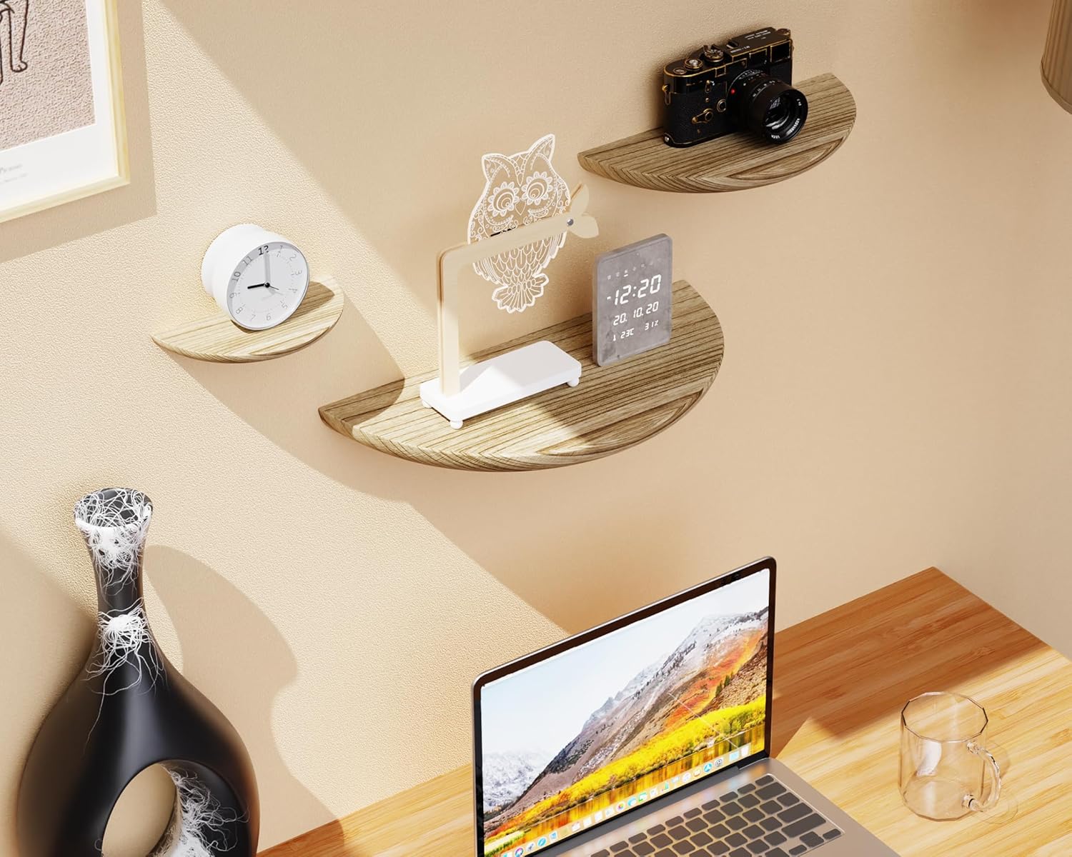 Solid Wood Half Round Floating Wall Shelves Light Brown