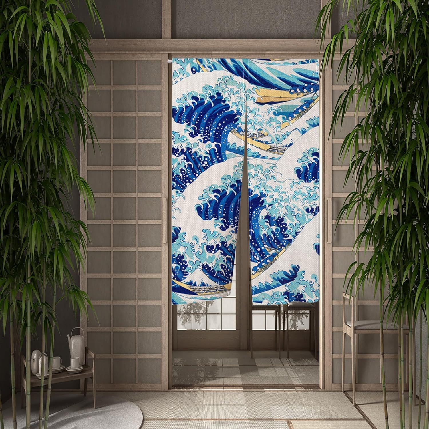 Leowefowa Noren Curtain Blue Great Wave Ukiyoe Design