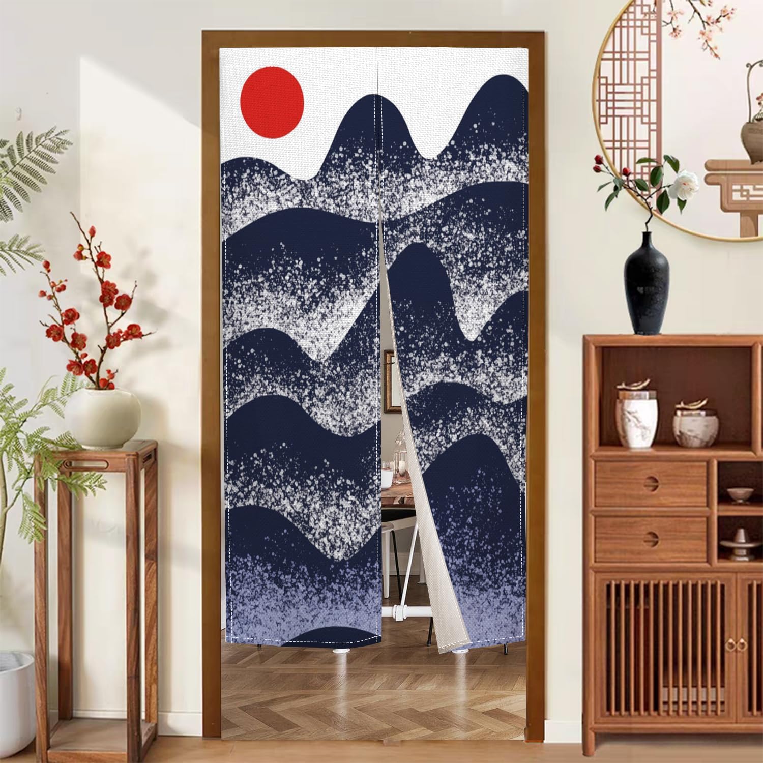 Traditional Japanese Noren Doorway Curtain with Sunset Mountain Print
