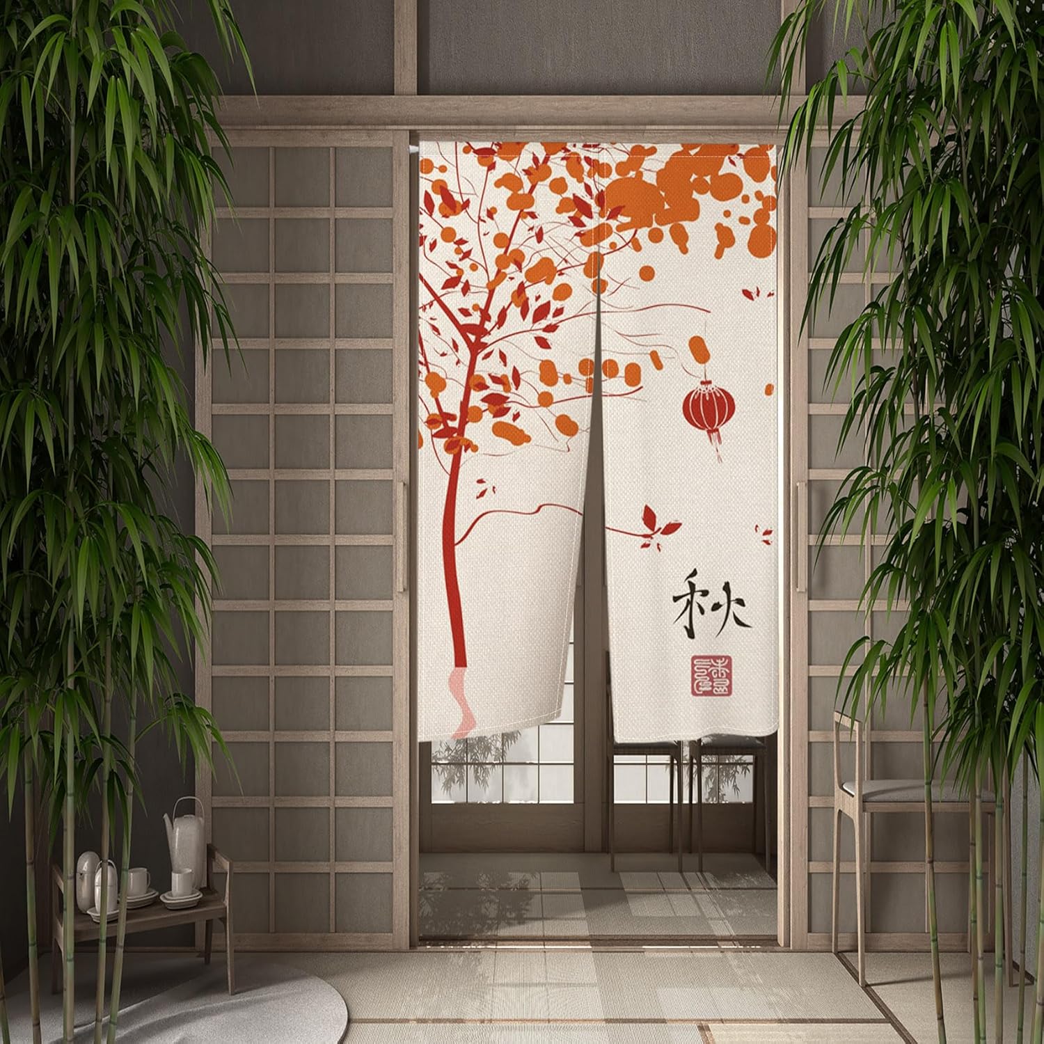 Japanese Noren Door Curtain with Fall Leaves Design