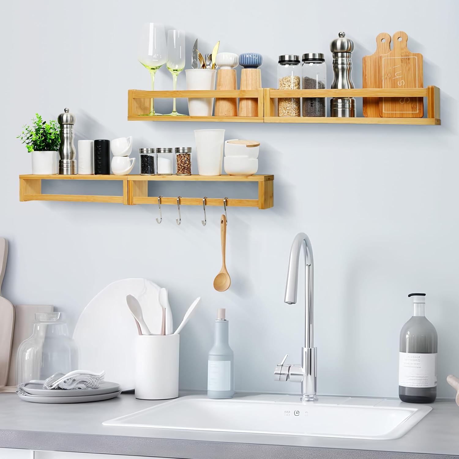 Ollieroo Four Floating Bamboo Book Shelves Wall Mounted