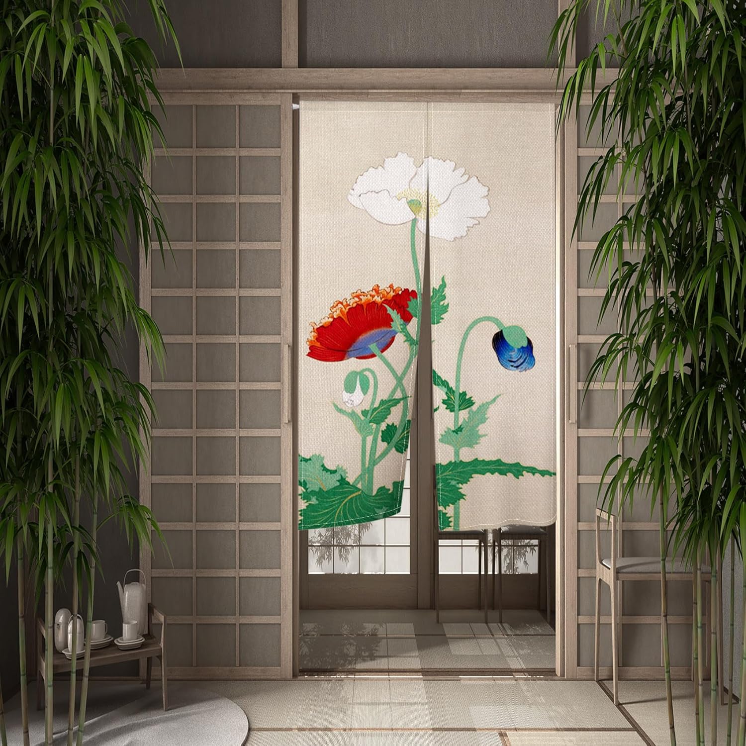 Japanese Style Door Curtain with Floral Pattern 34x60