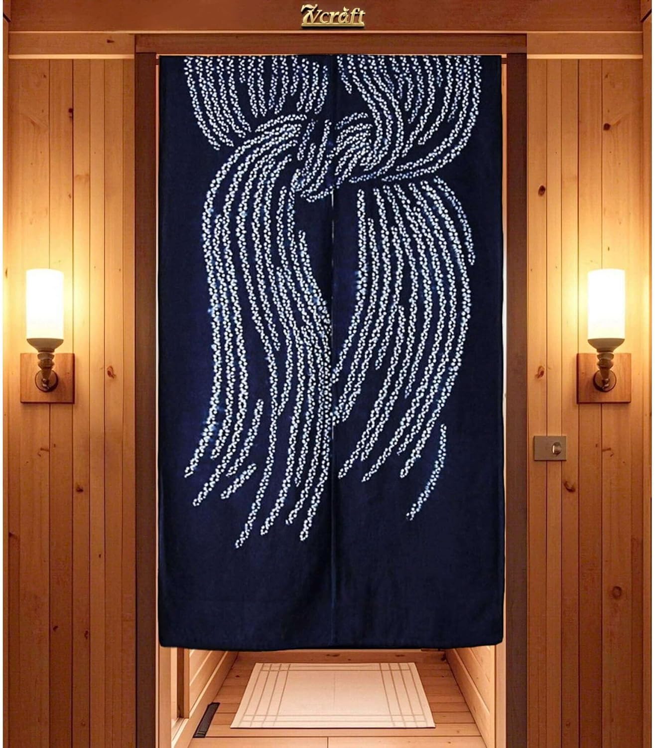 Hand Dyed Japanese Noren Curtain - Lucky Knot Indigo 335x59in