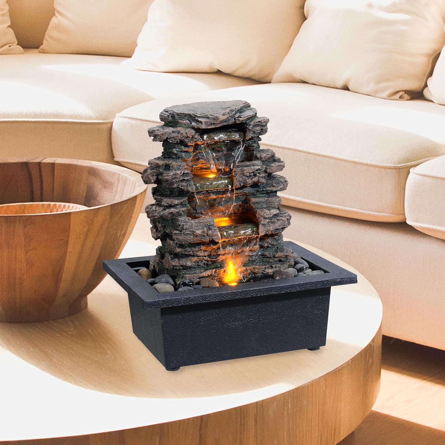 MAOCHI Tabletop Water Fountain with Automatic Pump and Natural River Rocks