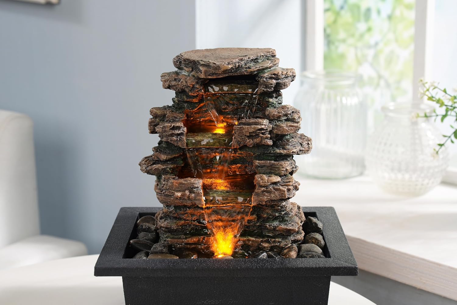 MAOCHI Tabletop Water Fountain with Automatic Pump and Natural River Rocks