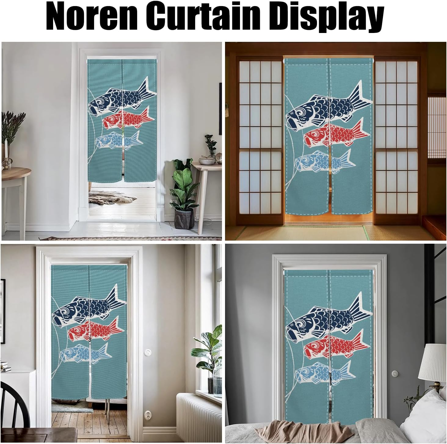 Traditional Long Style Japanese Noren Door Curtain with Blue Fishes Print