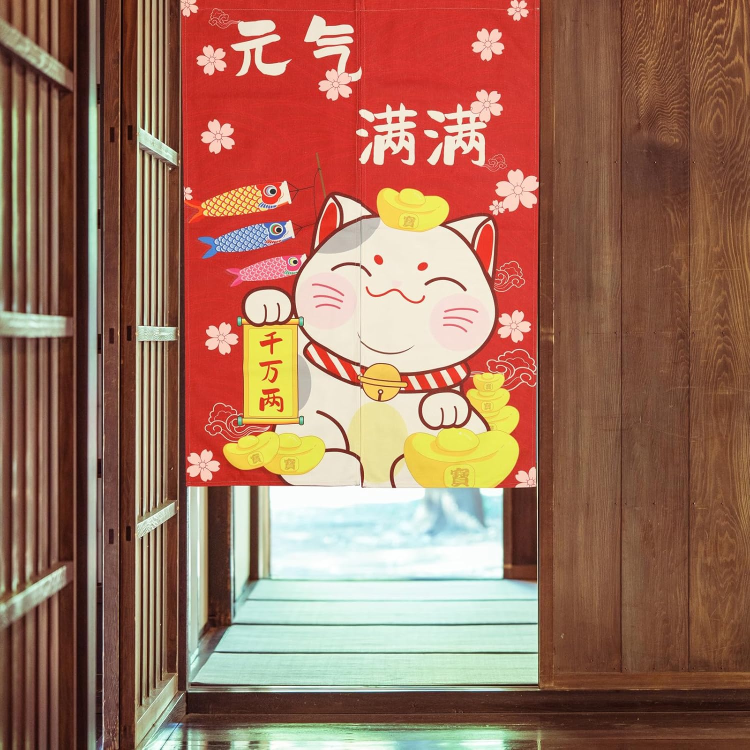 Japanese Noren Door Curtain with Maneki Neko Lucky Cat Design