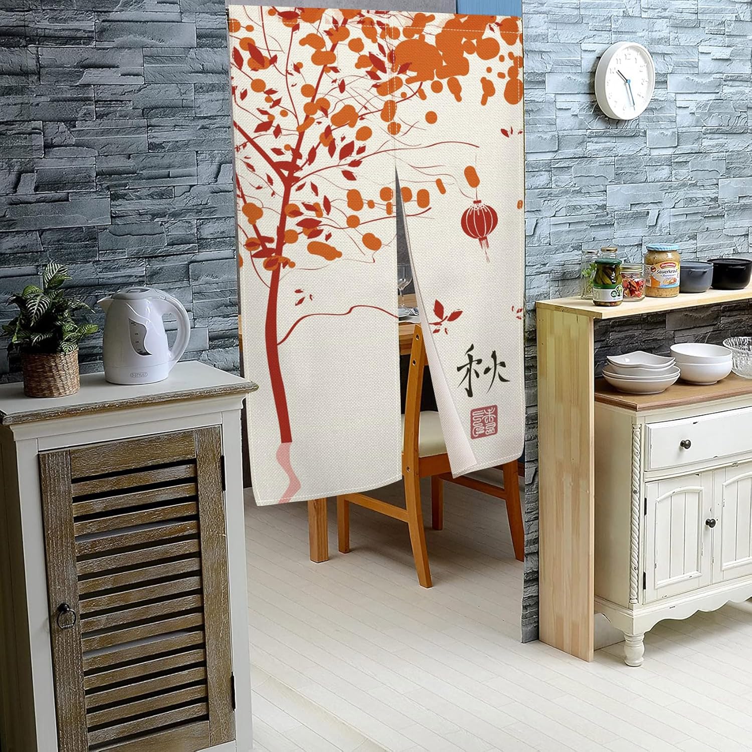 Japanese Noren Door Curtain with Fall Leaves Design