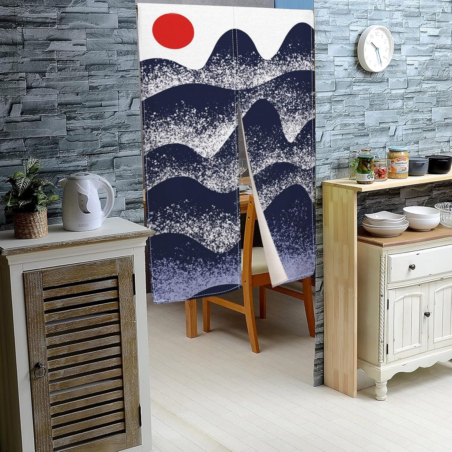 Japanese Noren Door Curtain with Sunset Mountain Landscape Design
