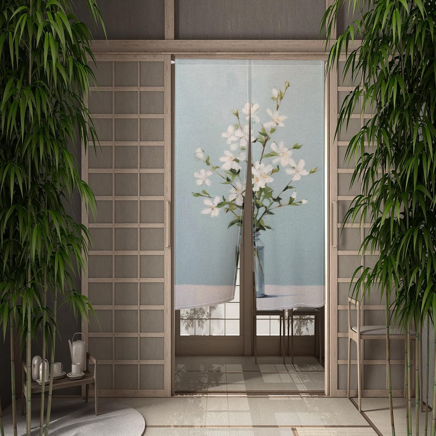 Noren Japanese Ink Painting Flowers in Vase Doorway Curtain